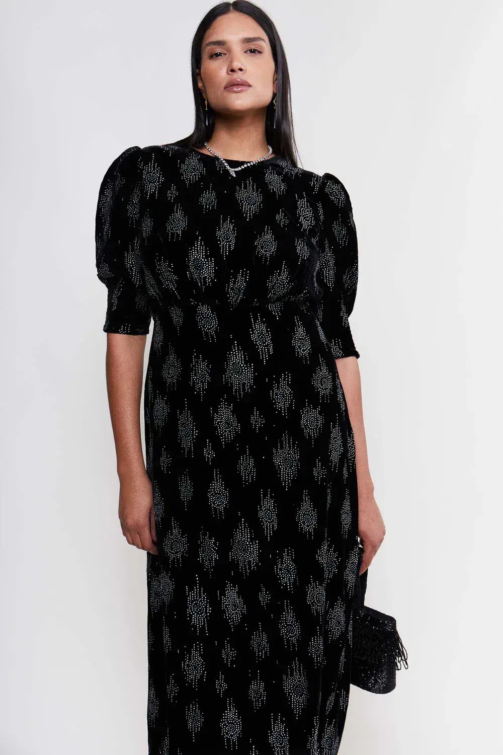 RIXO Lucile Velvet Droplet Glitter Midi Dress Black Size 6 photo 3