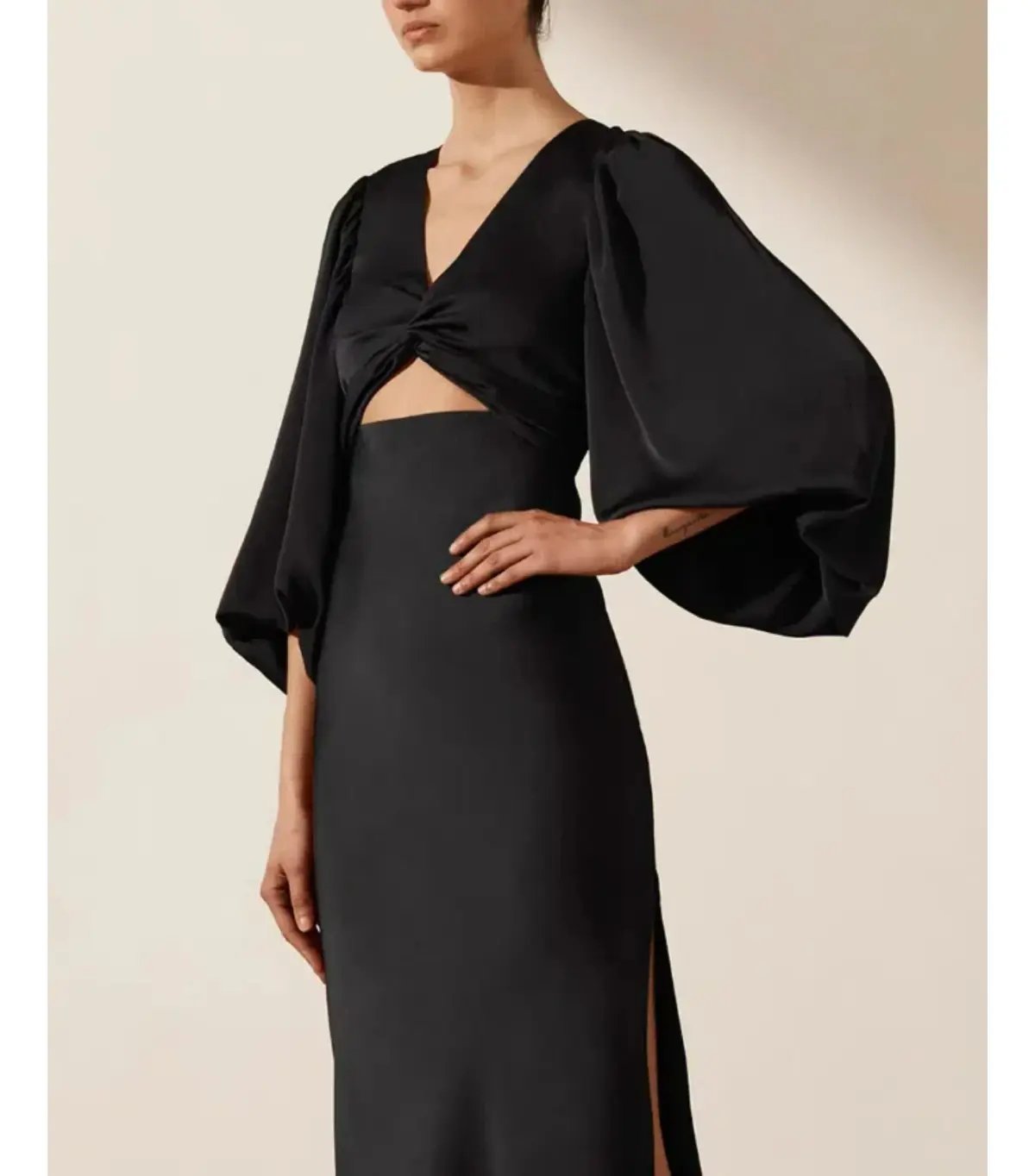 Shona Joy Luxe Twist Front Balloon Sleeve Midi Dress Black Onyx Size AU 18 photo 4