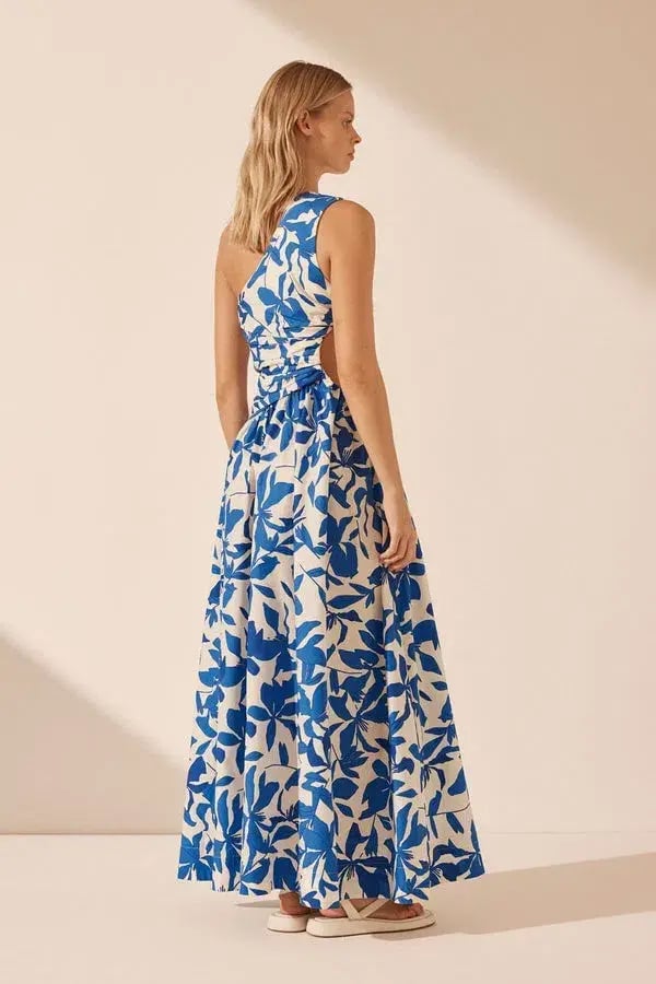 Shona Joy Bleue Asymmetrical Cut Out Maxi Dress Blue Floral Print Size 12 photo 3