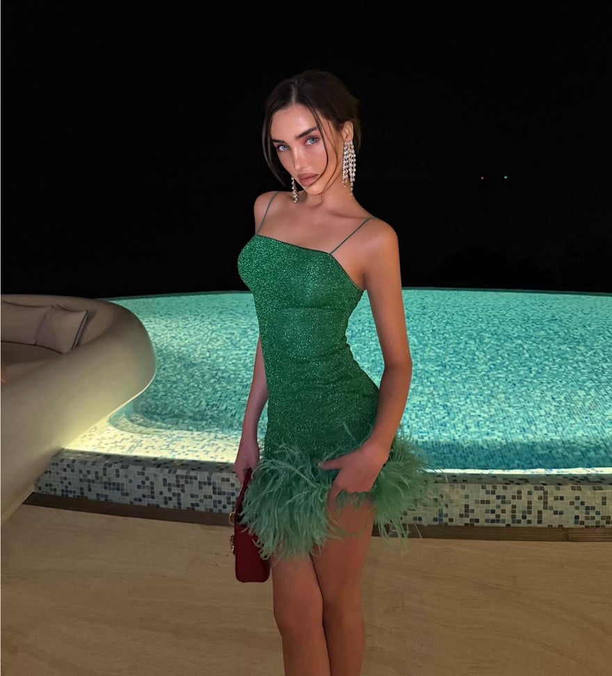 Oseree Feather-trim Mini Dress - Green photo 3