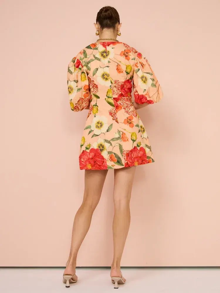 By Nicola Bolero Gathered Neckline Mini Dress In Raspberry Punch Floral Size 8 photo 3