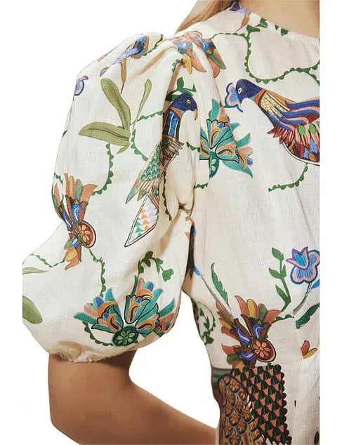 Alemais Birdie Puff-Sleeve Printed Linen Midi Dress Ivory/Print Size 16 photo 2