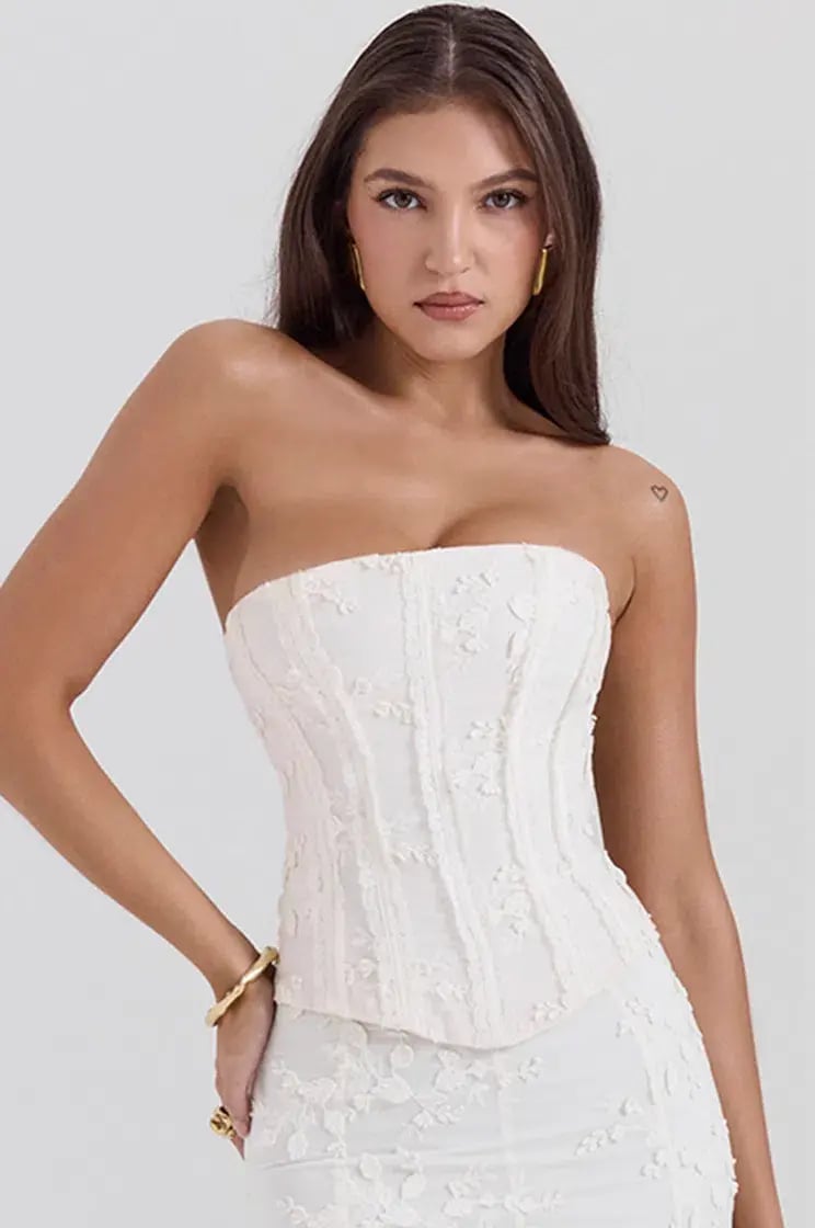 House of CB Dakota Embroidered Strapless Corset and Veronica Embroidered Godet Maxi Skirt Set Vintage Ivory Size M / AU 10 photo 5