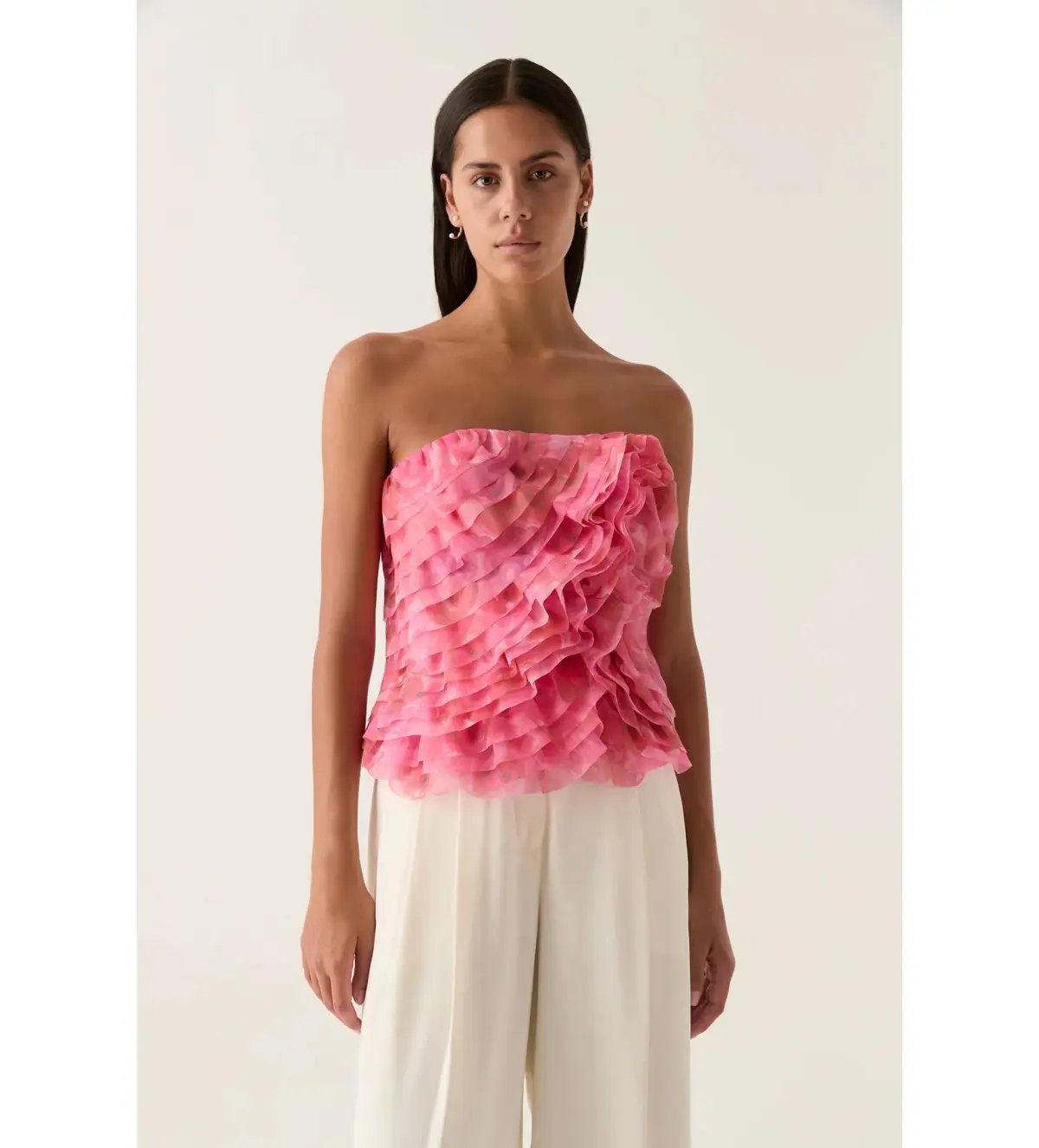 Aje Charmed Rosette Ruffle Bustier with Valeria Asymmetrical Midi Skirt in Misty Rose Size 6 photo 2