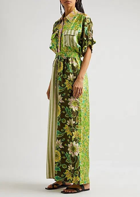 Alemais Winnie Patchwork Spliced Silk Shirt and Pant Set Green Floral Size AU 10 photo 2