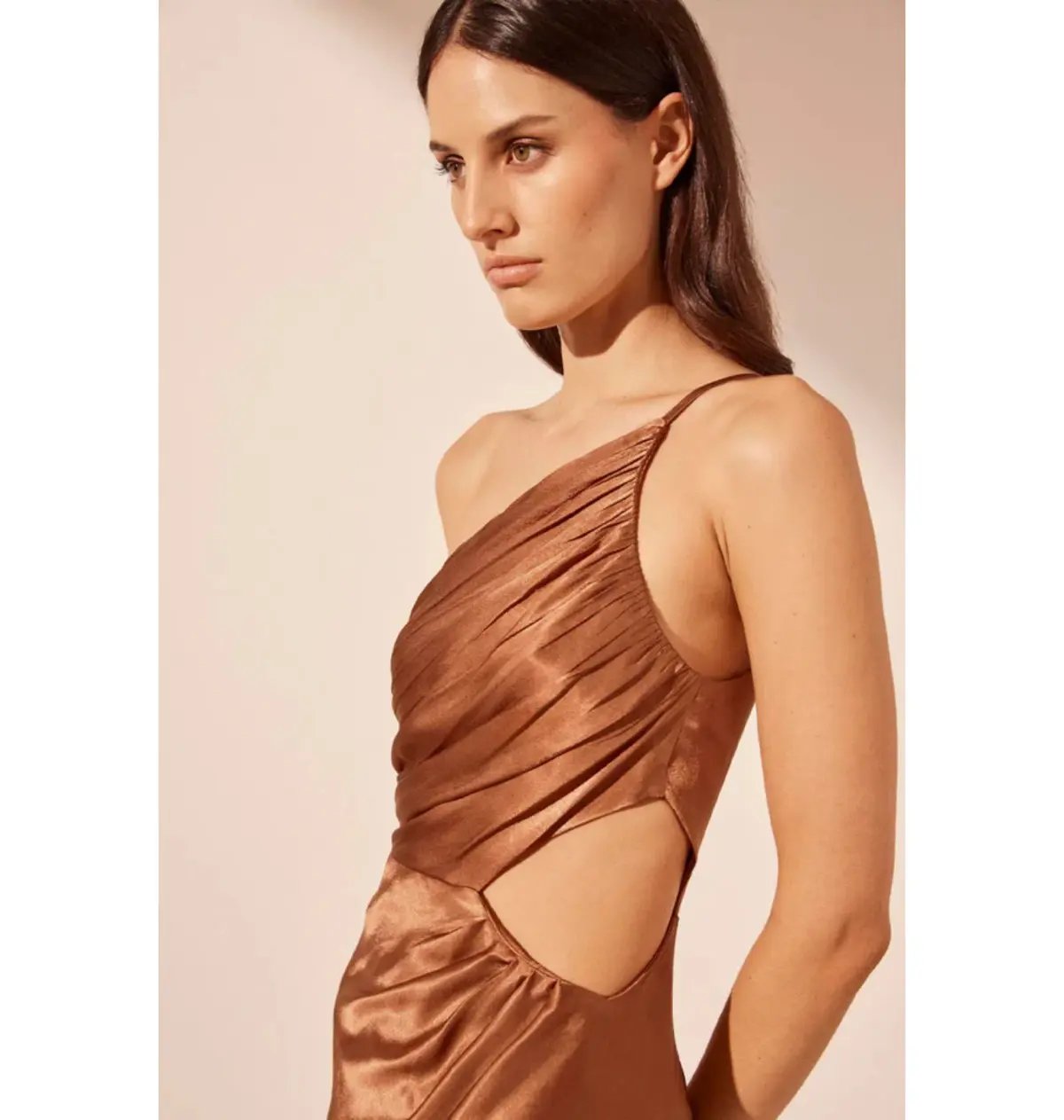 Shona Joy La Lune Asymmetrical Gathered Maxi Dress Almond Size AU 10 photo 2
