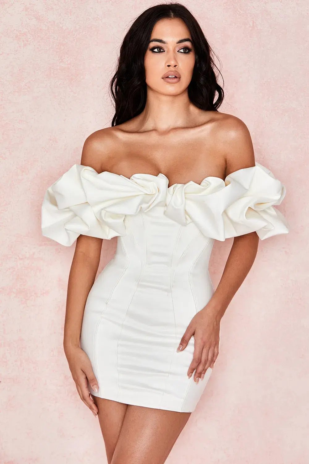 House of CB Selena Satin Ruffle Strapless Mini Dress Ivory White Size XS / Au 6 photo 4