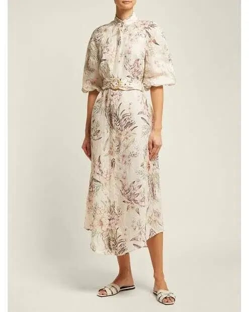 Zimmermann Wayfarer Puff Sleeve Linen Day Tea Shirt Dress Cream Floral Size 2 / AU 12 photo 6