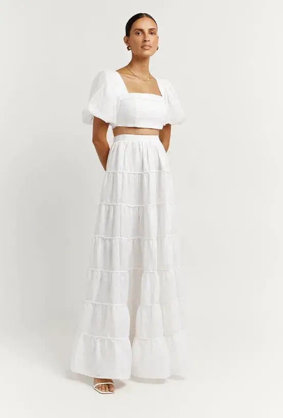 DISSH Aisle Linen Tier Long Skirt and Vienna Linen Curved Crop Top Set White Size 6 AU photo 2