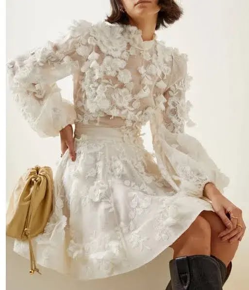 Zimmermann Postcard Blouson Top And Postcard Appliqué Mini Skirt Set Ivory Floral Size 1 / AU 10 photo 2