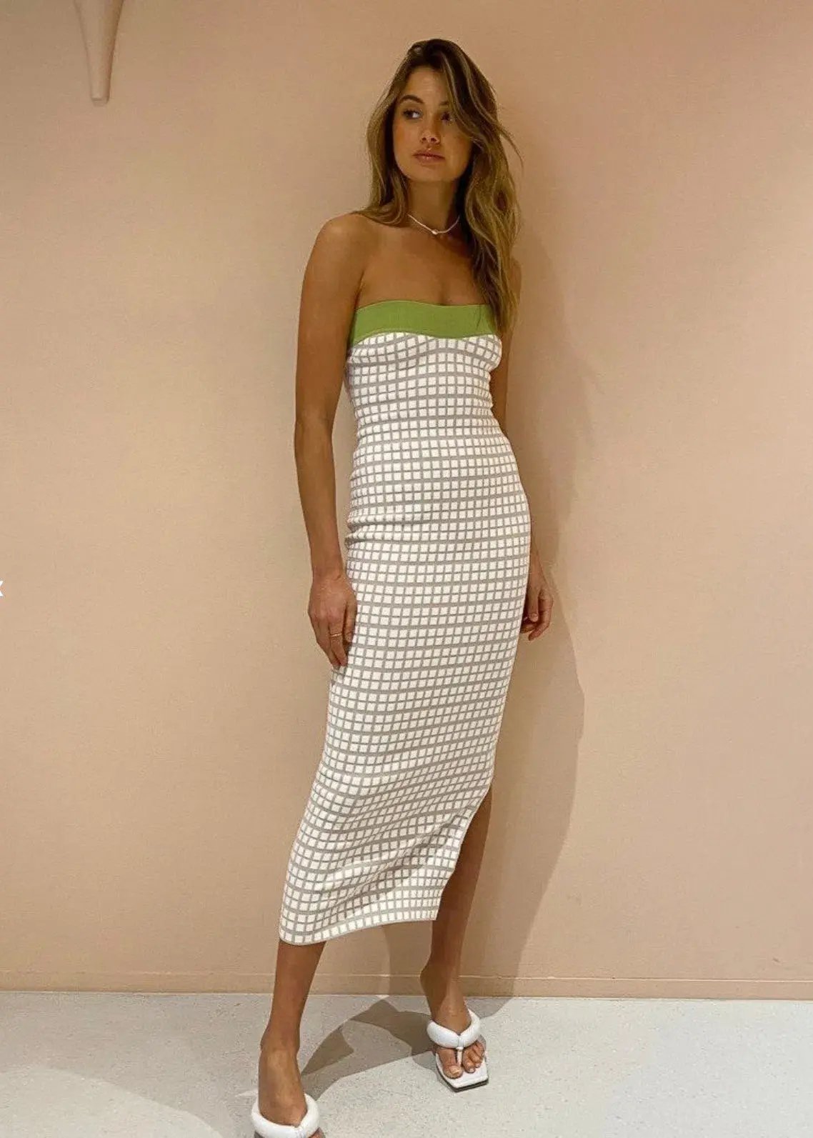 By Johnny Isabella Check Strapless Knit Midi Dress in Pistachio Size 6 / XS photo 2