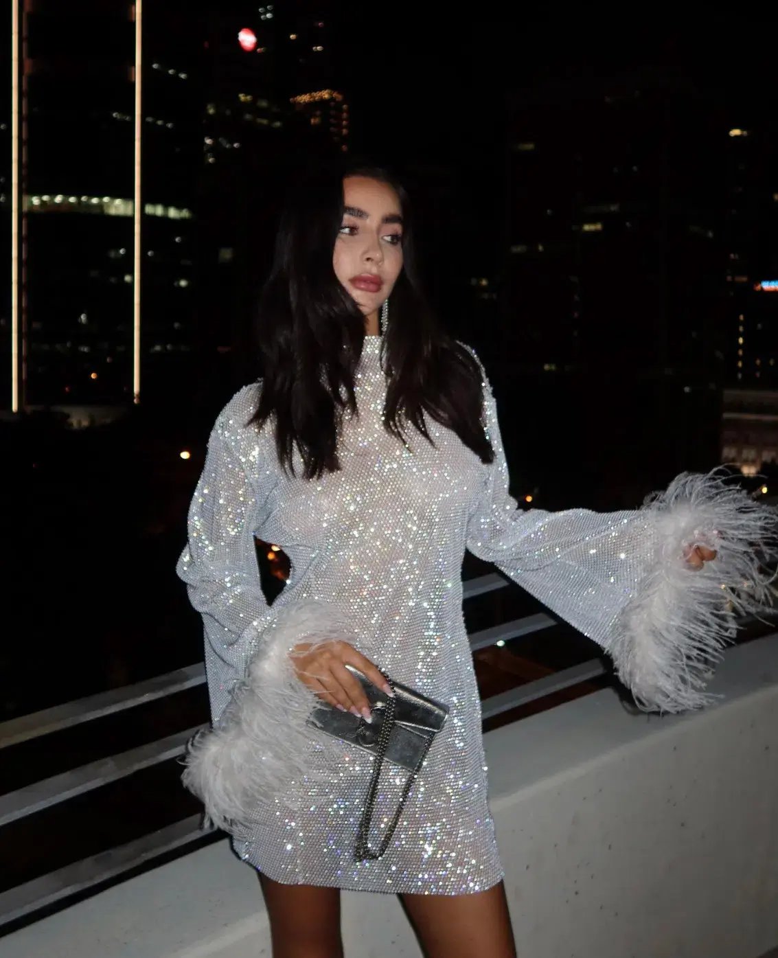 Heiress Beverly Hills Crystal Embellished Feather Trim Mini Dress White Size 8 photo 3