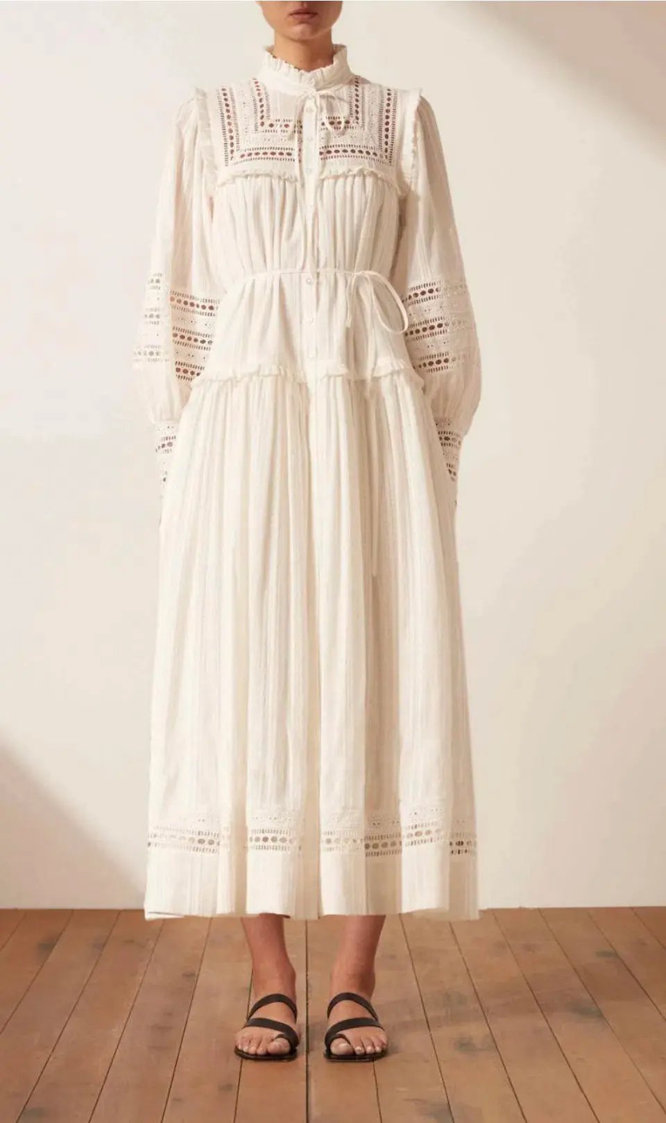 Shona Joy Lucia Balloon Sleeve Frill Midi Dress in Ivory Size 12 photo 2