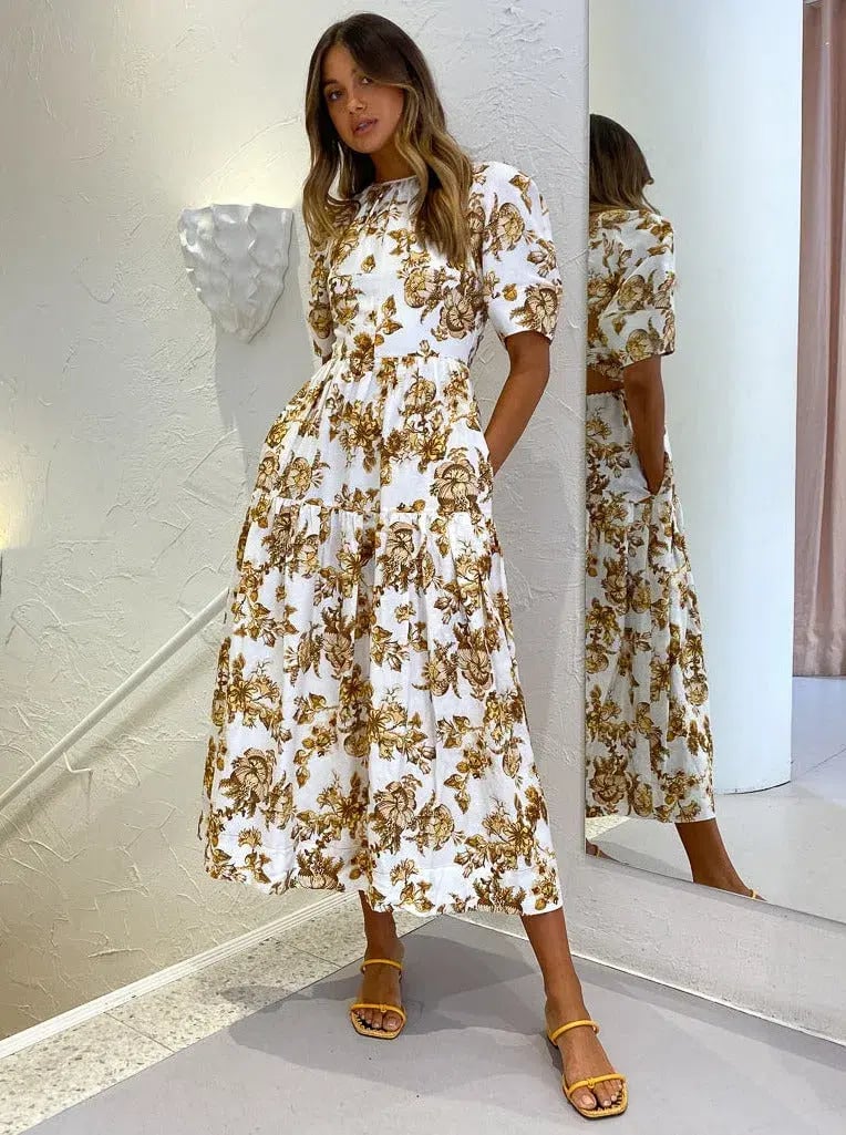 Shona Joy Bella Linen Short Sleeve Midi Dress Floral Size 8 / S photo 4