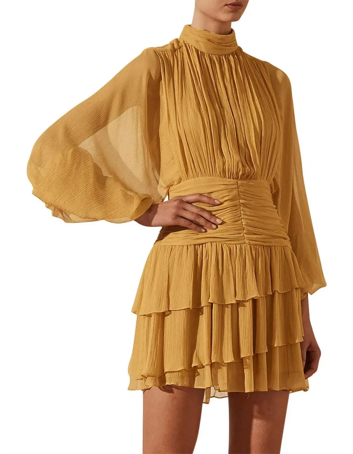 Shona Joy Iris Long Sleeve Ruched Mini Dress Saffron Yellow Size 12 photo 2