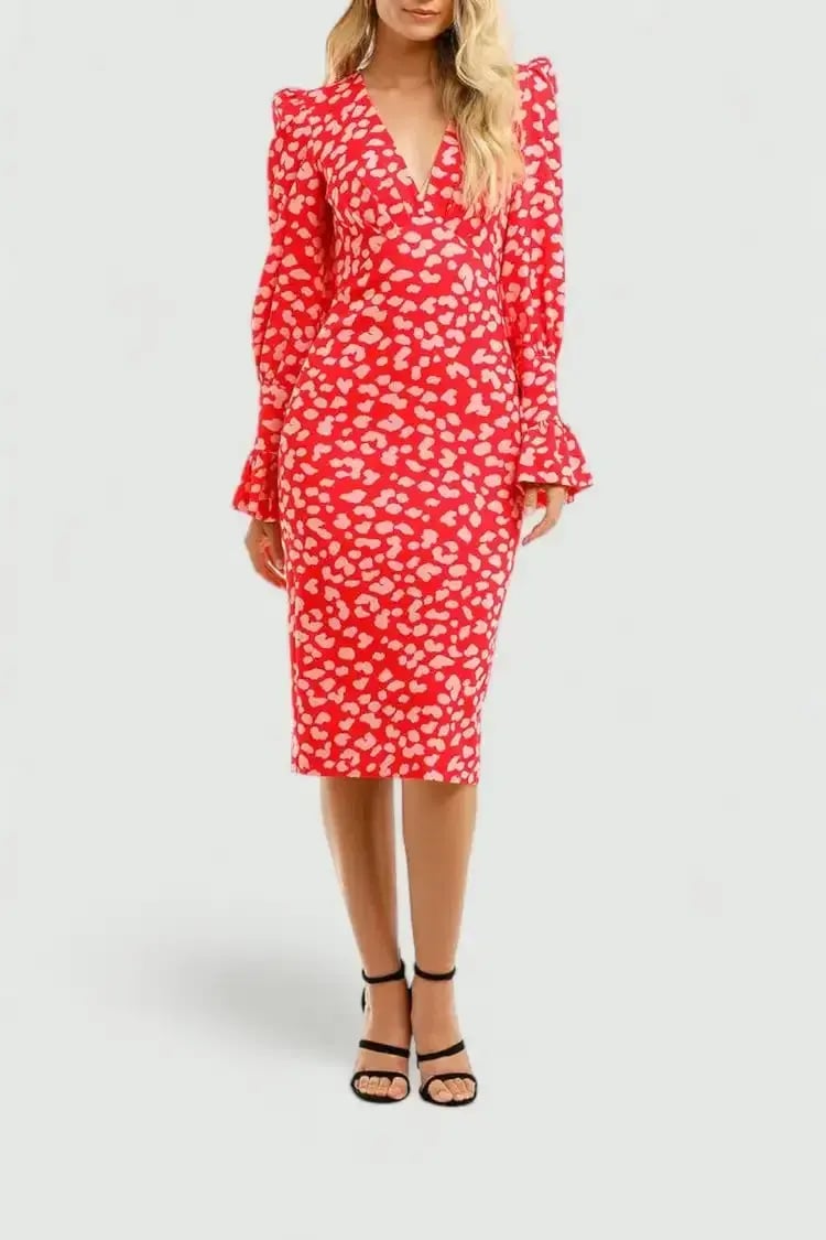By Johnny Strawberry Leopard Tulip Midi Dress Print Size 6 photo 3