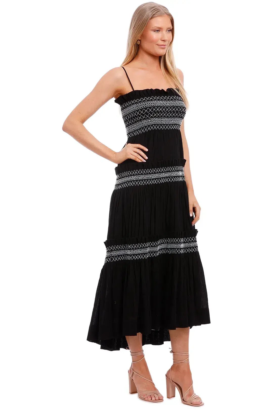 Shona Joy Leda Shirred Tiered Midi Dress Black Size 8 photo 2