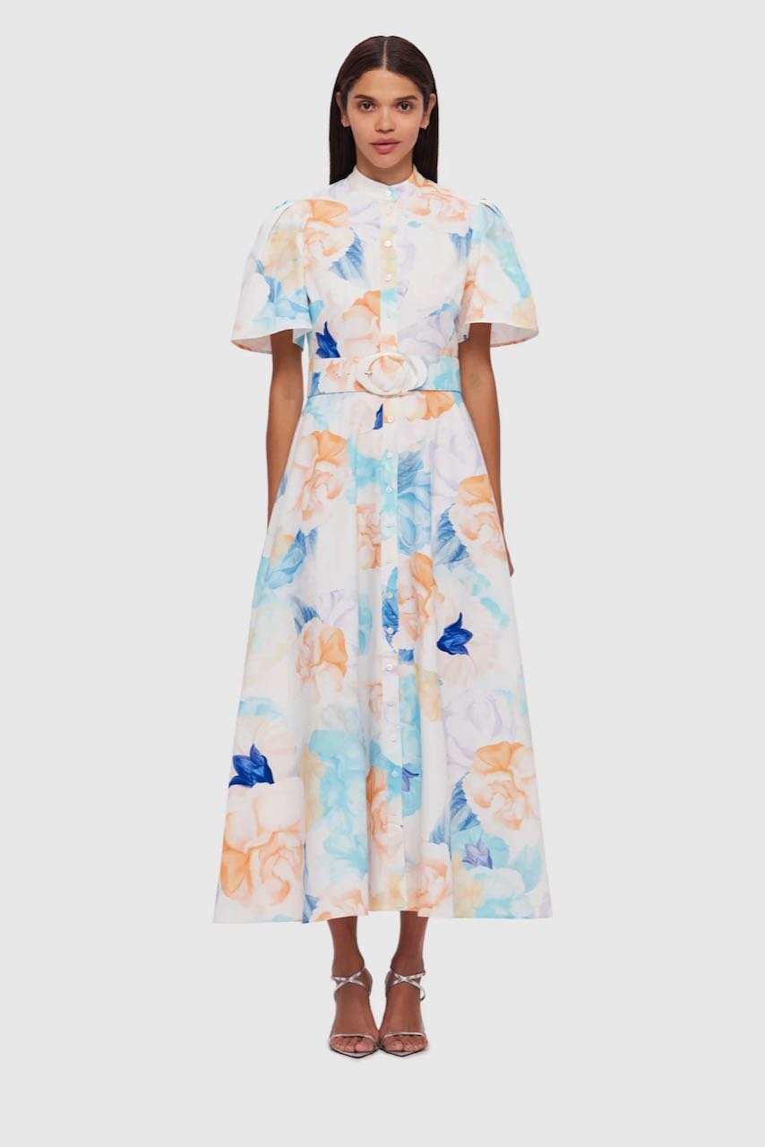 Leo Lin Bianca Short Sleeve Midi Dress - Rosebud Print in Cream photo 2