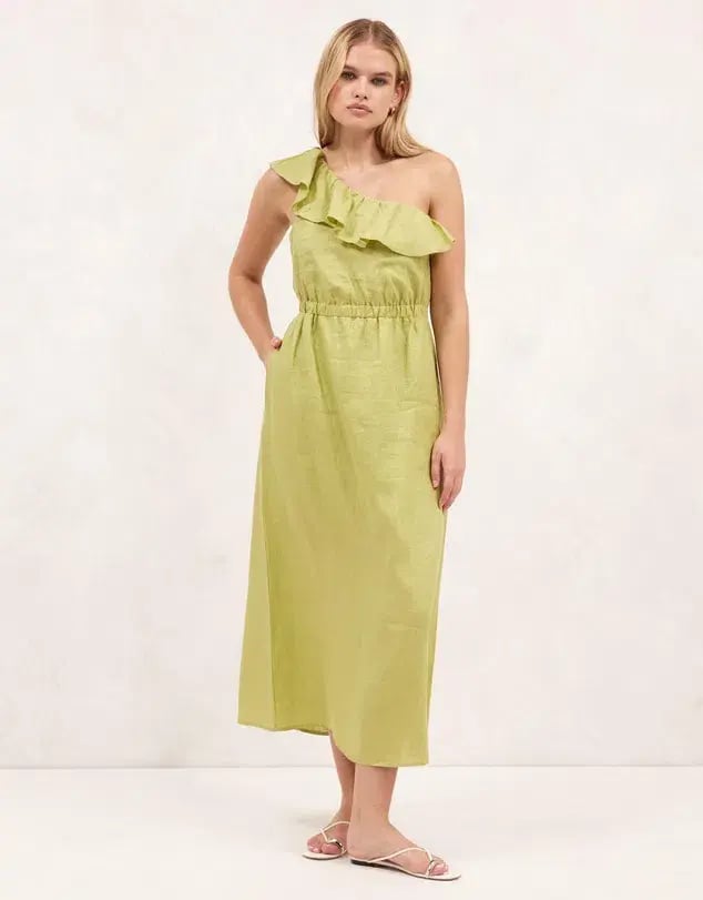 Aere Linen One Shoulder Midi Dress Bay Leaf Green Size 8 photo 5