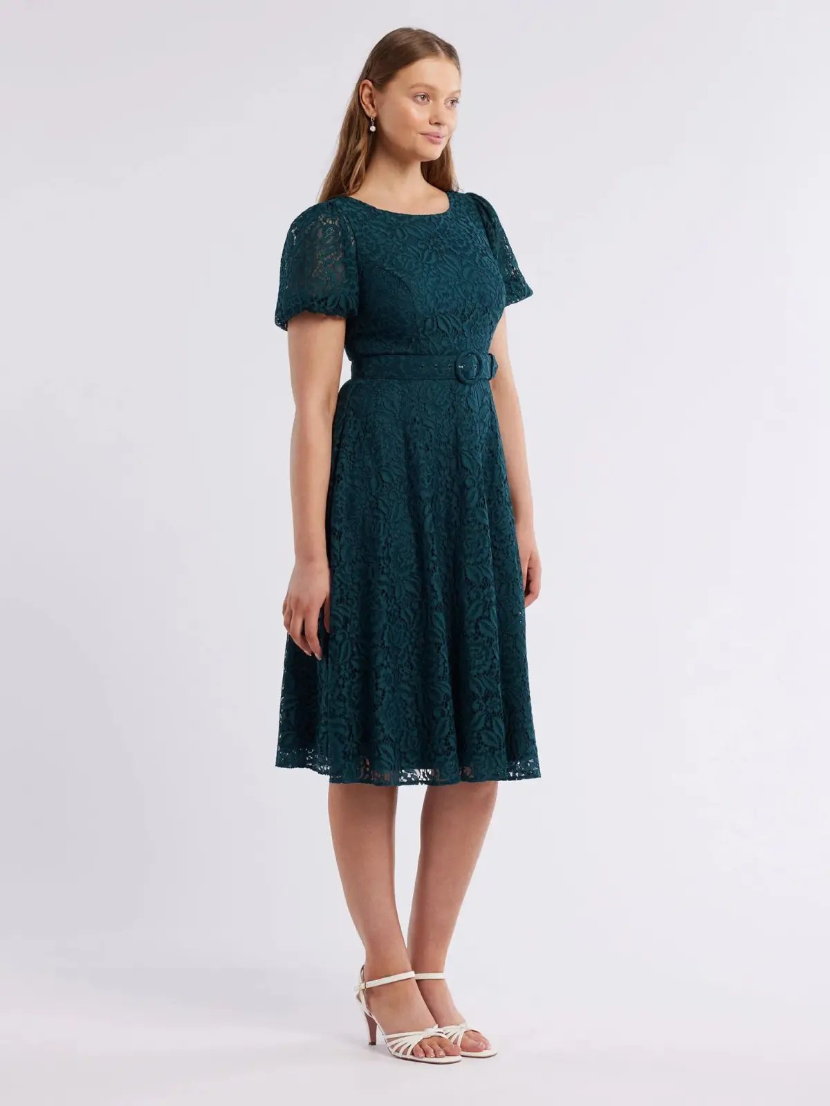 Review Emerald Short Puff Sleeves Avette Lace Knee Length Dress Green Size 12 photo 2