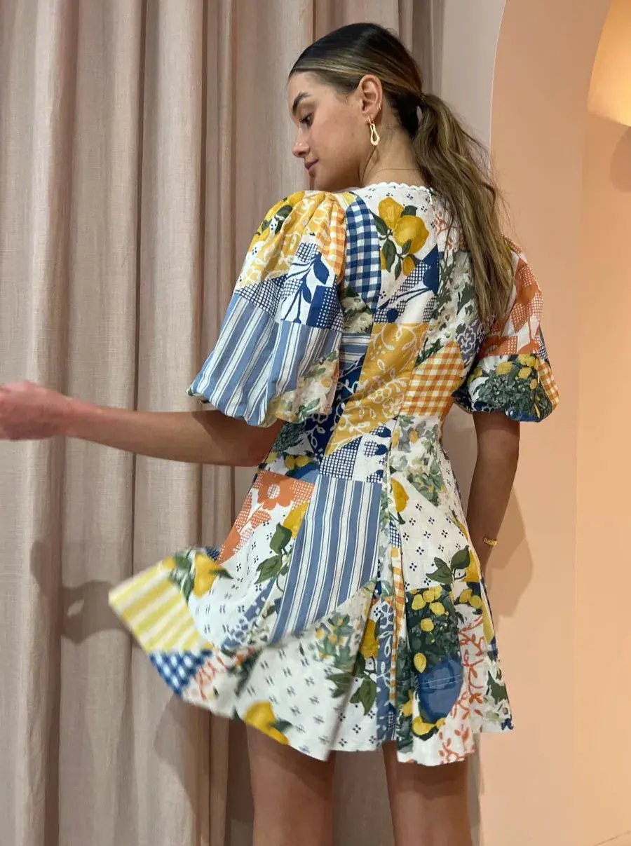 By Nicola Wavy Mini Dress Lemon Patchwork Size 6 photo 3