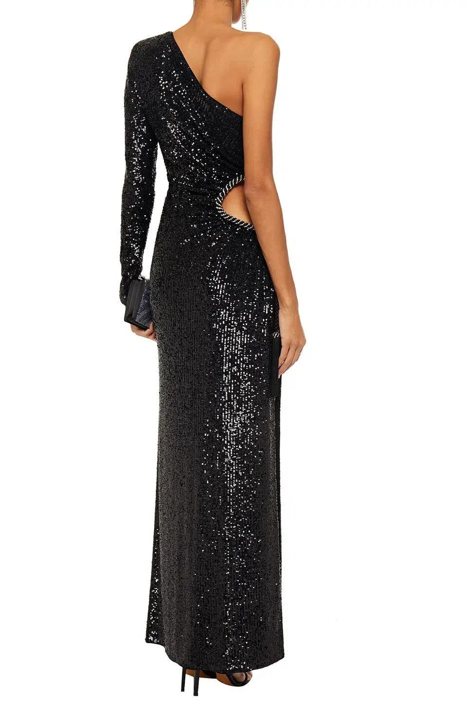 Dundas One Shoulder Cut Out Sequined Tulle Gown Black Size 8 photo 2