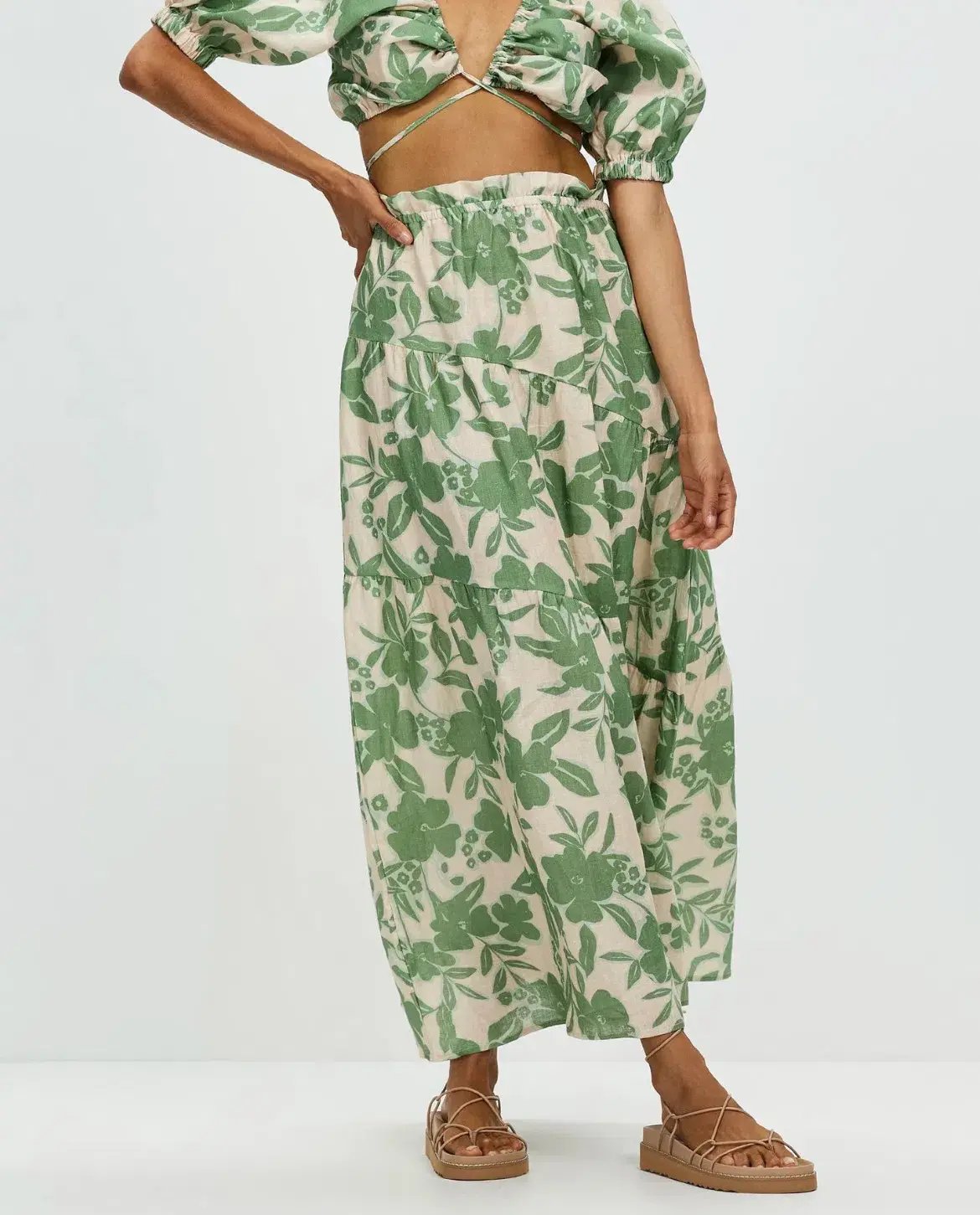 Aere Gathering Detail Linen Top & Maxi Skirt Set Floral Ivy Size 8/10 photo 4