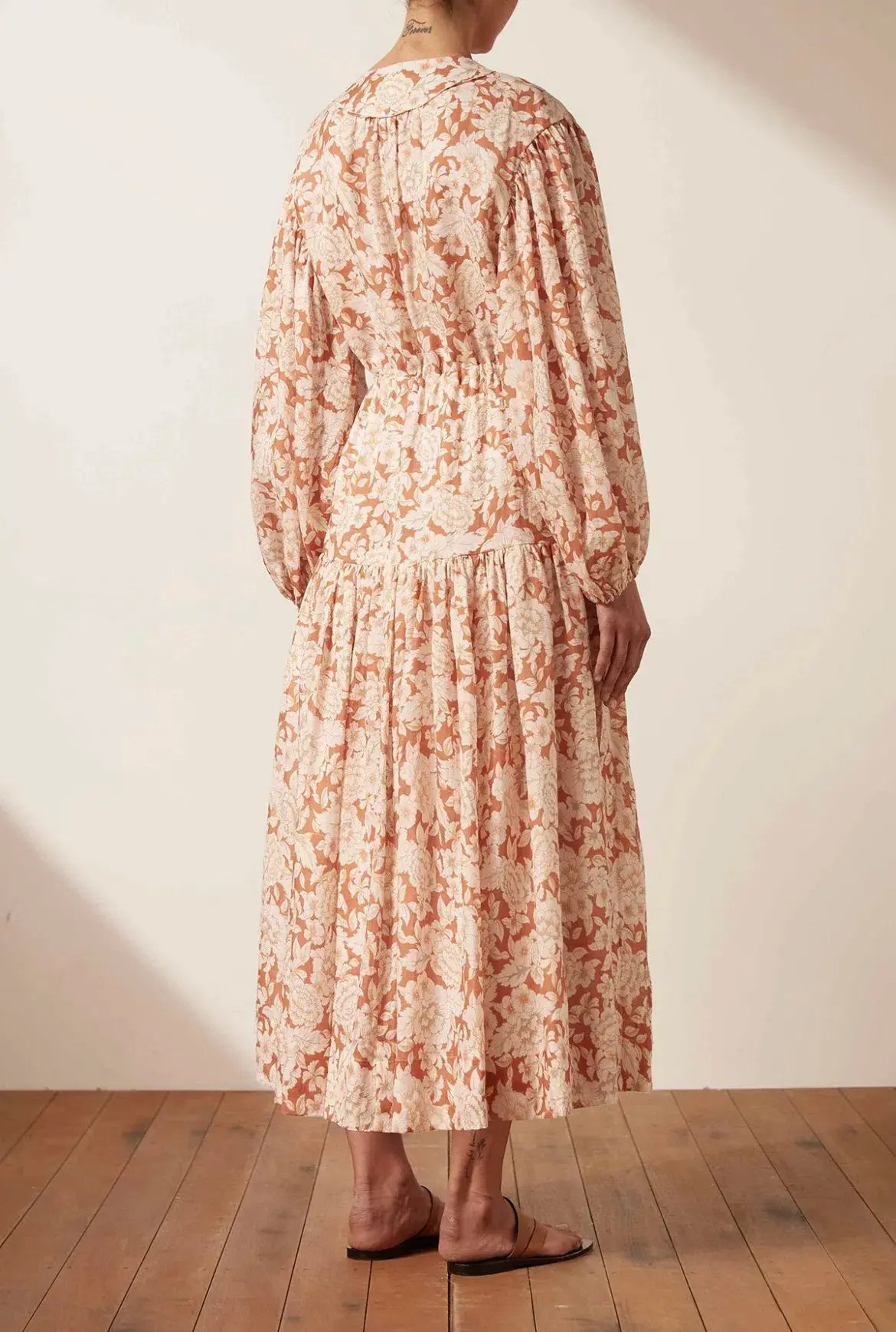 Shona Joy Flor Balloon Sleeve Drawstring Midi Dress Floral Size 12 photo 4