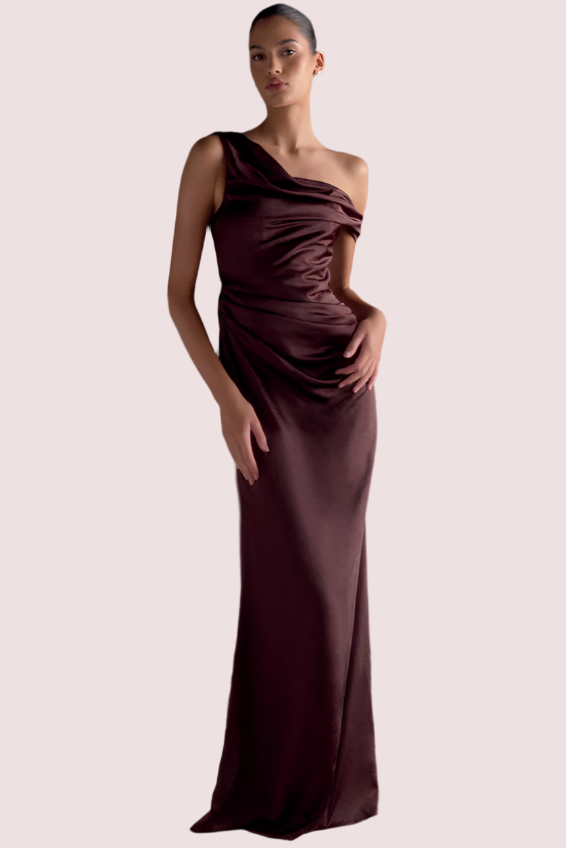Meshki Dalia Off Shoulder Satin Dress Chocolate Brown photo 3