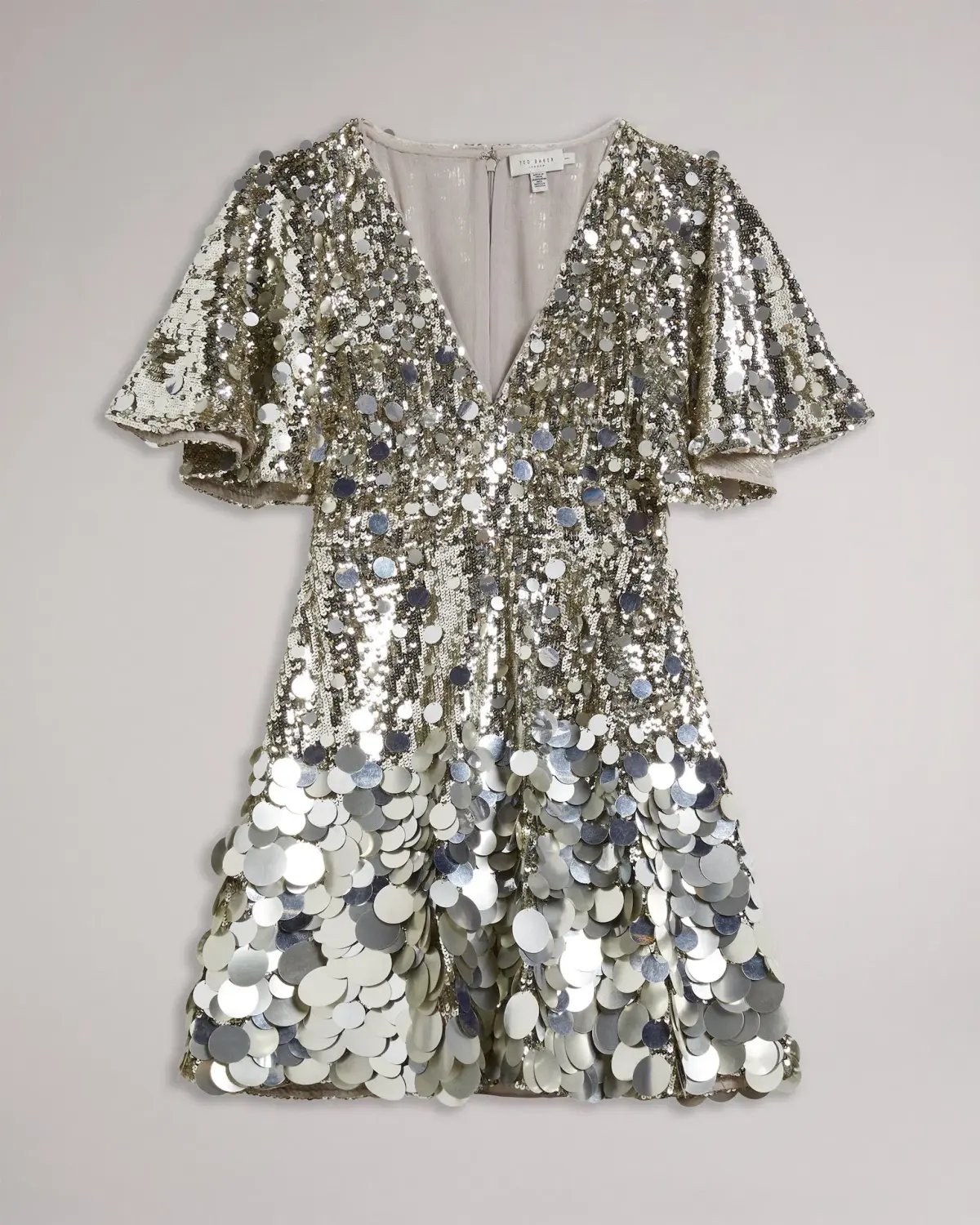 Ted Baker Silver Estelli Embellished Cape Woven Mini Dress Sequin Size 8 photo 3