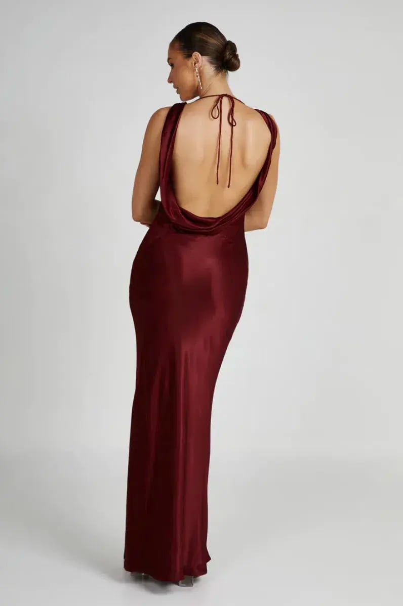 MESHKI Angelique Satin Cowl Back Maxi Dress Berry in Size S / AU 8 photo 2