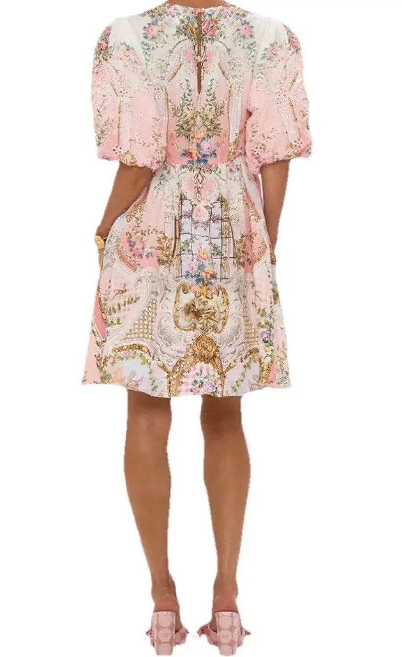Camilla V Neck Puff Sleeve Short Dress Lisbon Lullaby Size S (10) photo 3