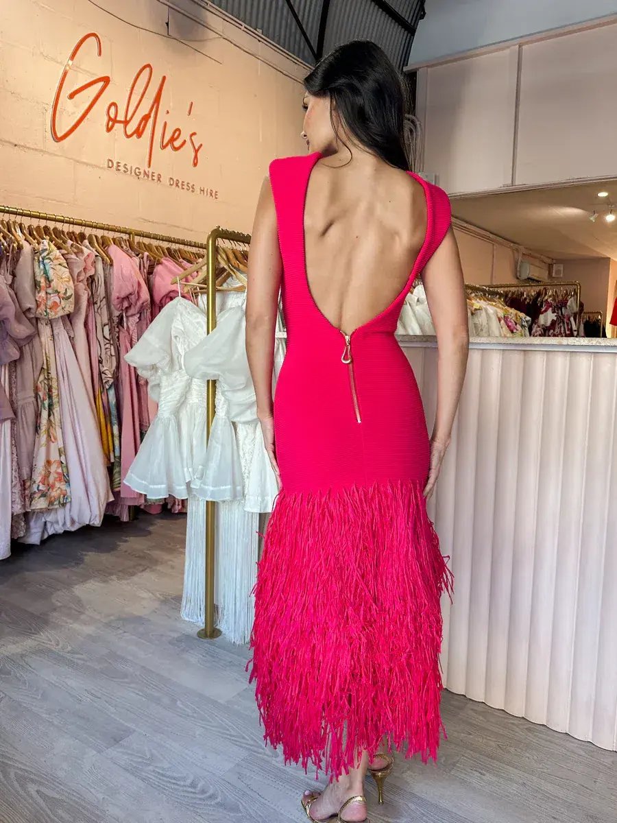 Aje Rushes Raffia Midi Dress in Fuchsia Pink Size L/Au 12 photo 2