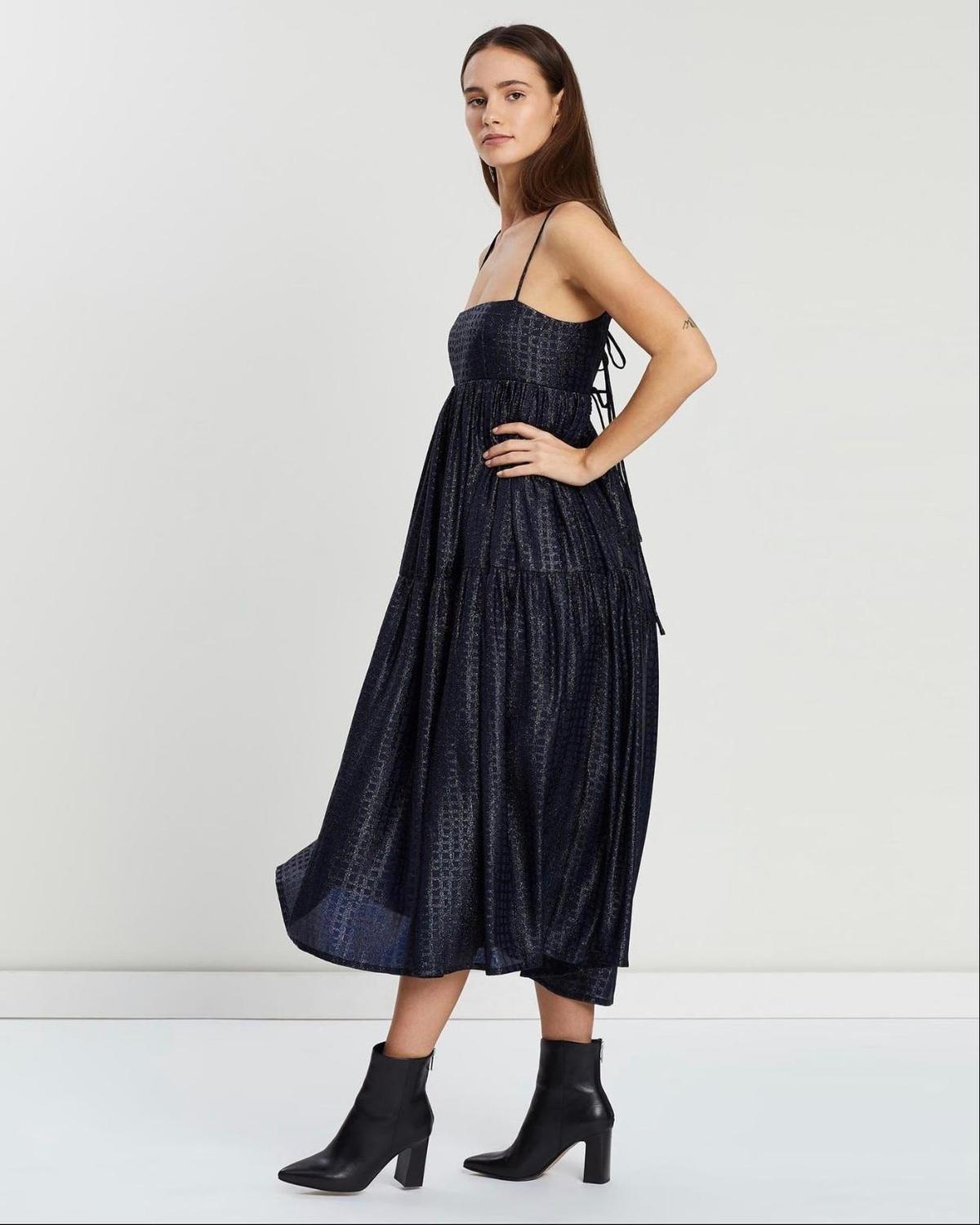 Asilio Metallic Check Dress Navy Size 10 photo 3