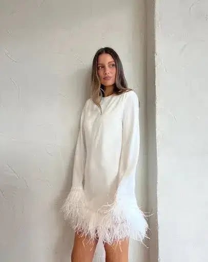 By Johnny Nicola Feather Trimmed Mini Dress Ivory White Size Small/ AU 8 photo 3