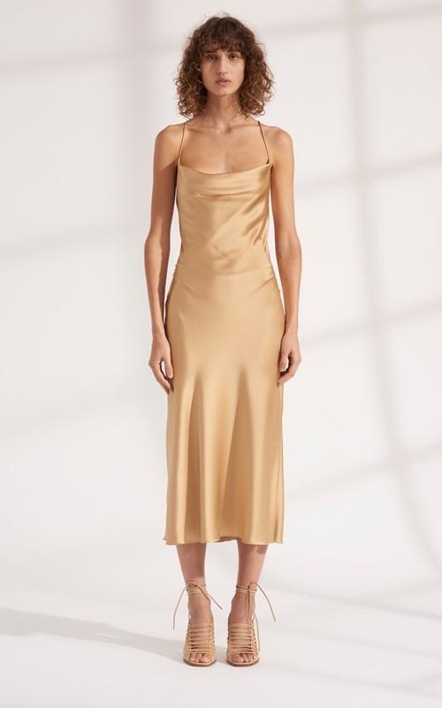 DION LEE Bias Weave Cowl Dress Sand/Gold photo 3