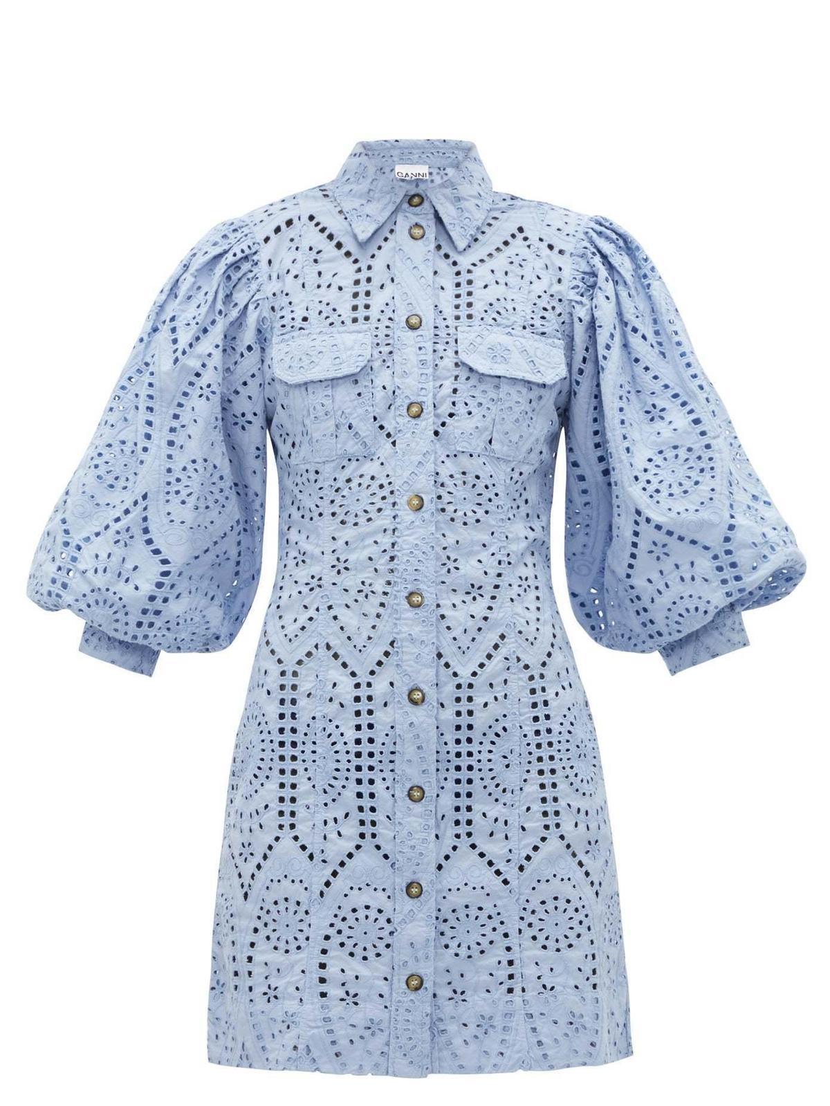 Ganni Balloon-sleeve broderie anglaise mini shirt dress photo 4