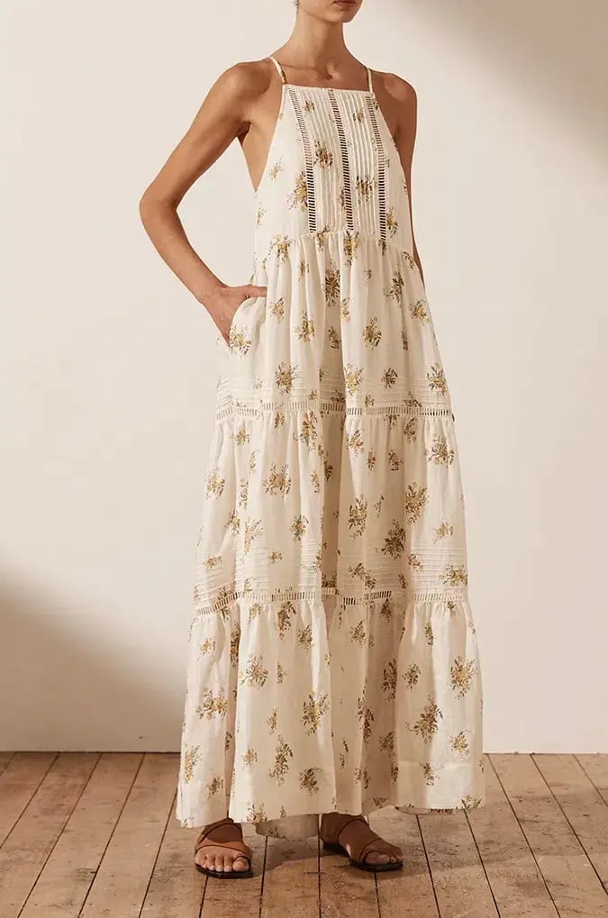 Shona Joy Lila Linen Pin Tuck Sleeveless Maxi Dress Print Size 8 photo 2