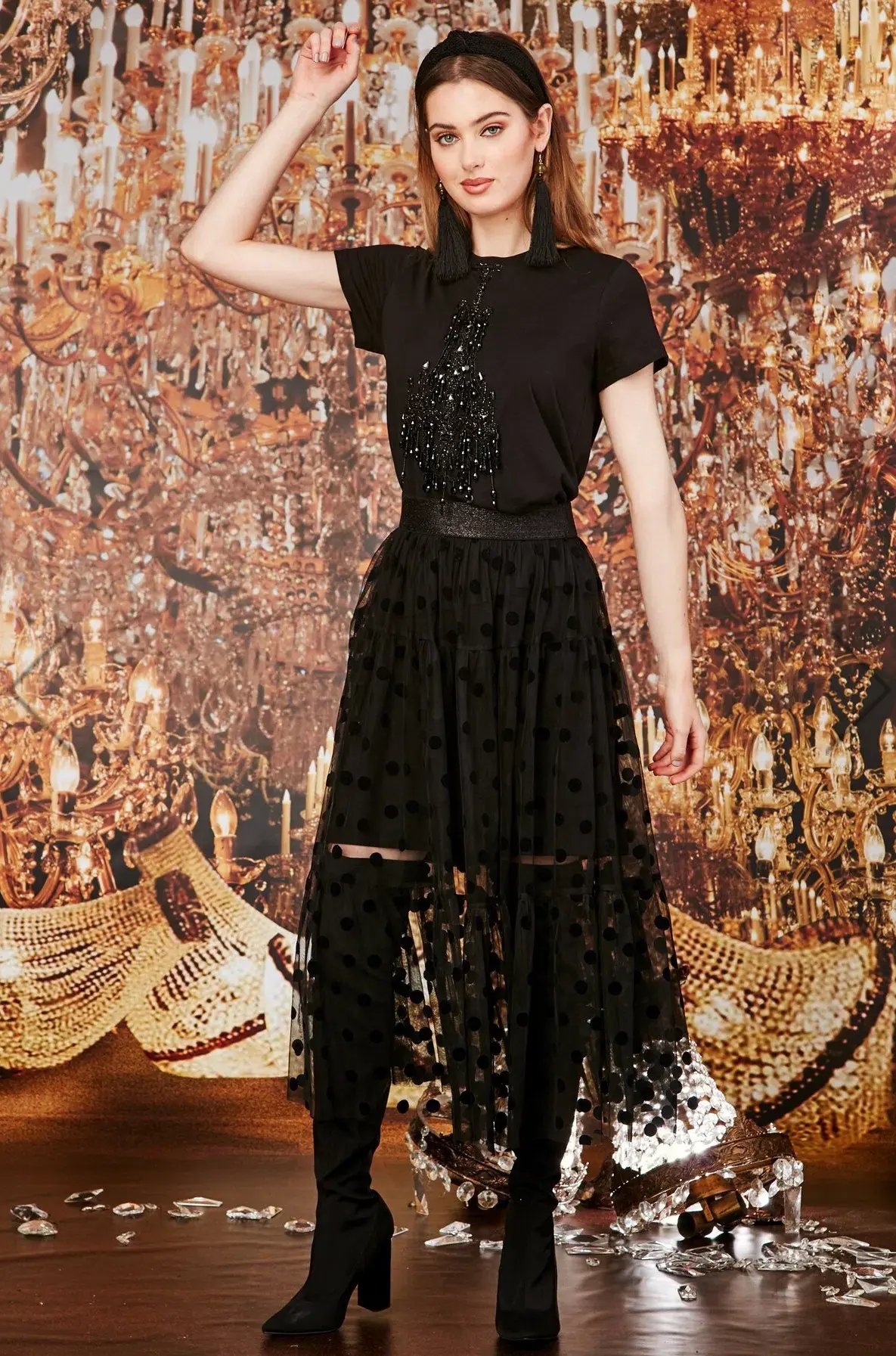 Trelise Cooper Tiers In The Stars Skirt Black Tulle Polka Dots Size L photo 4