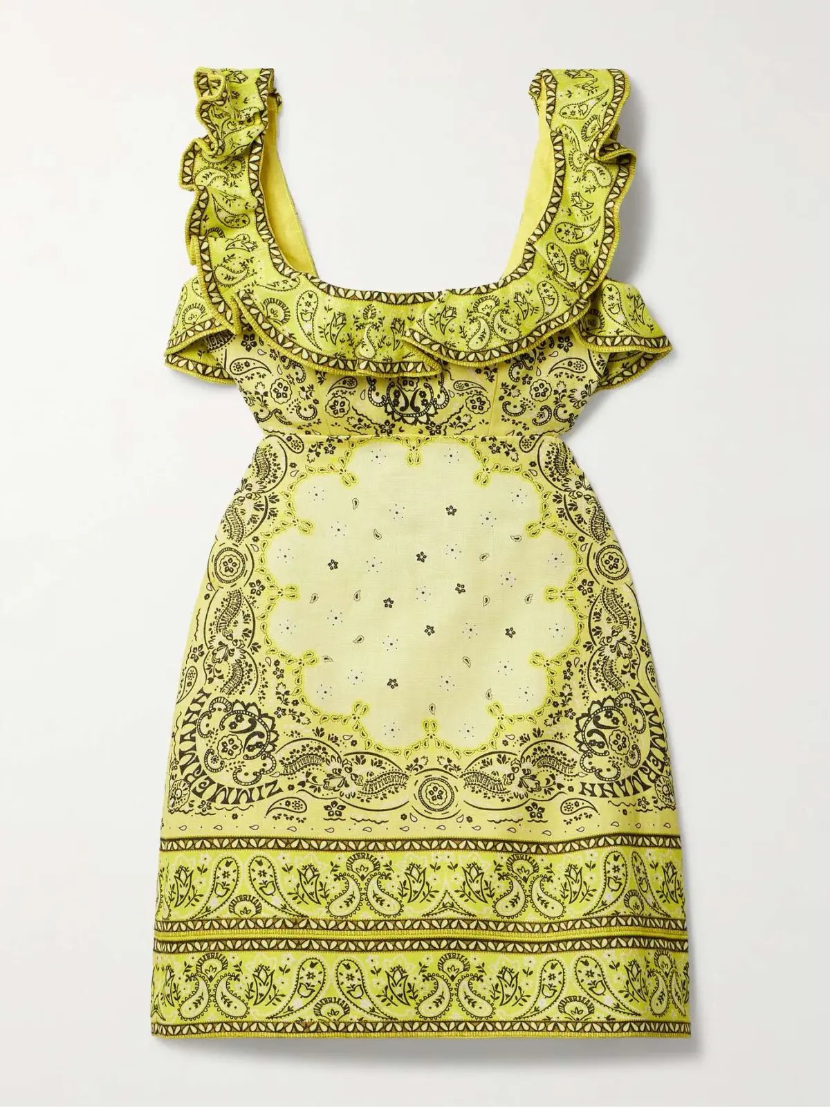 Zimmermann Matchmaker Cutout Ruffled Printed Linen Mini Dress Yellow Bandana Size 2 / AU 12 photo 3