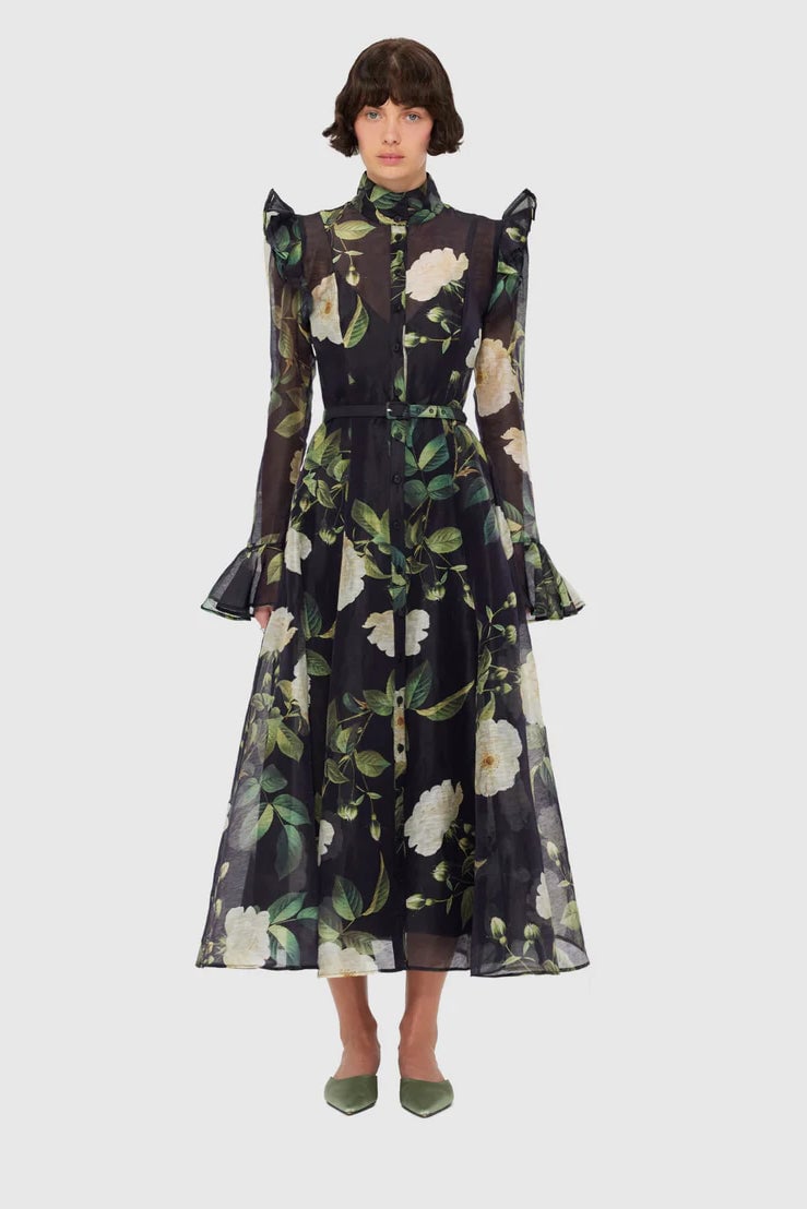 Leo Lin Katrina Butterfly Sleeve Midi Dress - White Rose Print in Black photo 2