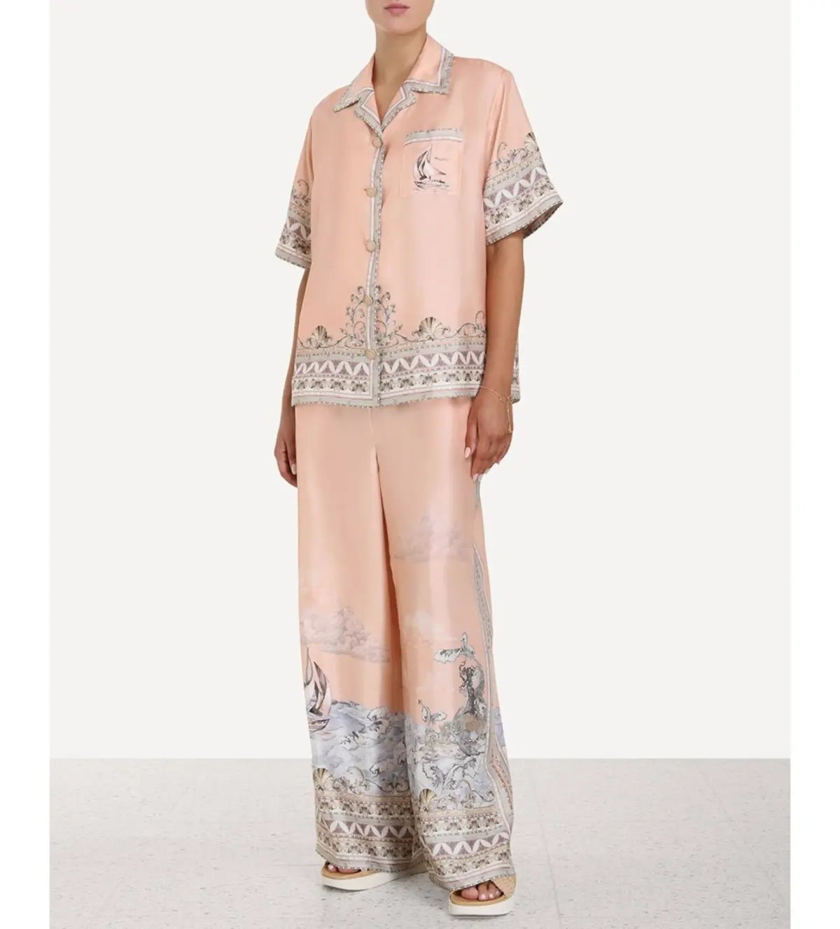 Zimmermann High Tide Oversized Silk Shirt and Trouser Set Pink Print Size 0P photo 2