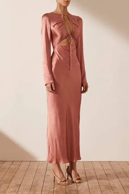 Shona Joy Angelica Long Sleeve Cut Out Front Midi Dress in Rouge Pink Size AU 10 photo 2