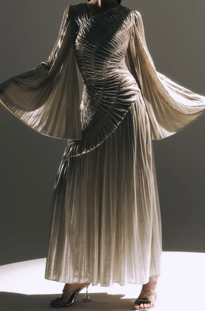 METALLISED FABRIC MAXI DRESS BY LICHI GOLD CREAM photo 3