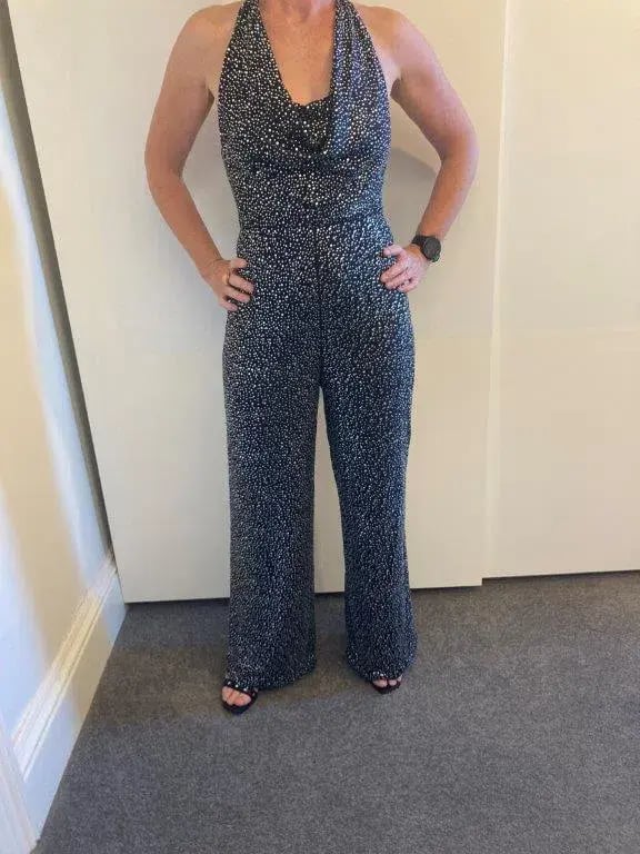 Alice and Olivia Salem Draped Crystal Embellished Halterneck Jumpsuit Black Size 8 photo 2