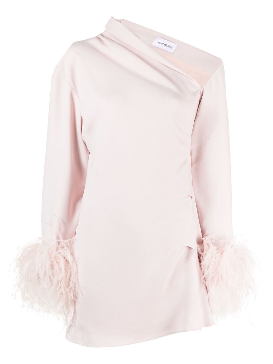 16Arlington Adelaide Asymmetric Feather Trimmed Crepe Mini Dress - Powder photo 3
