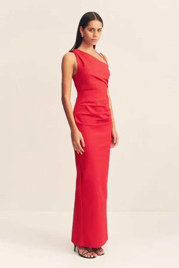 Shona Joy Lani Asymmetrical Gathered Maxi Dress Red Size 6 photo 2