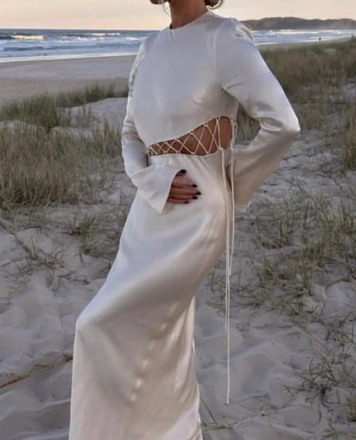 Shona Joy Arienzo Asymmetrical Lace Up Maxi Dress In Cream Size 6 photo 8