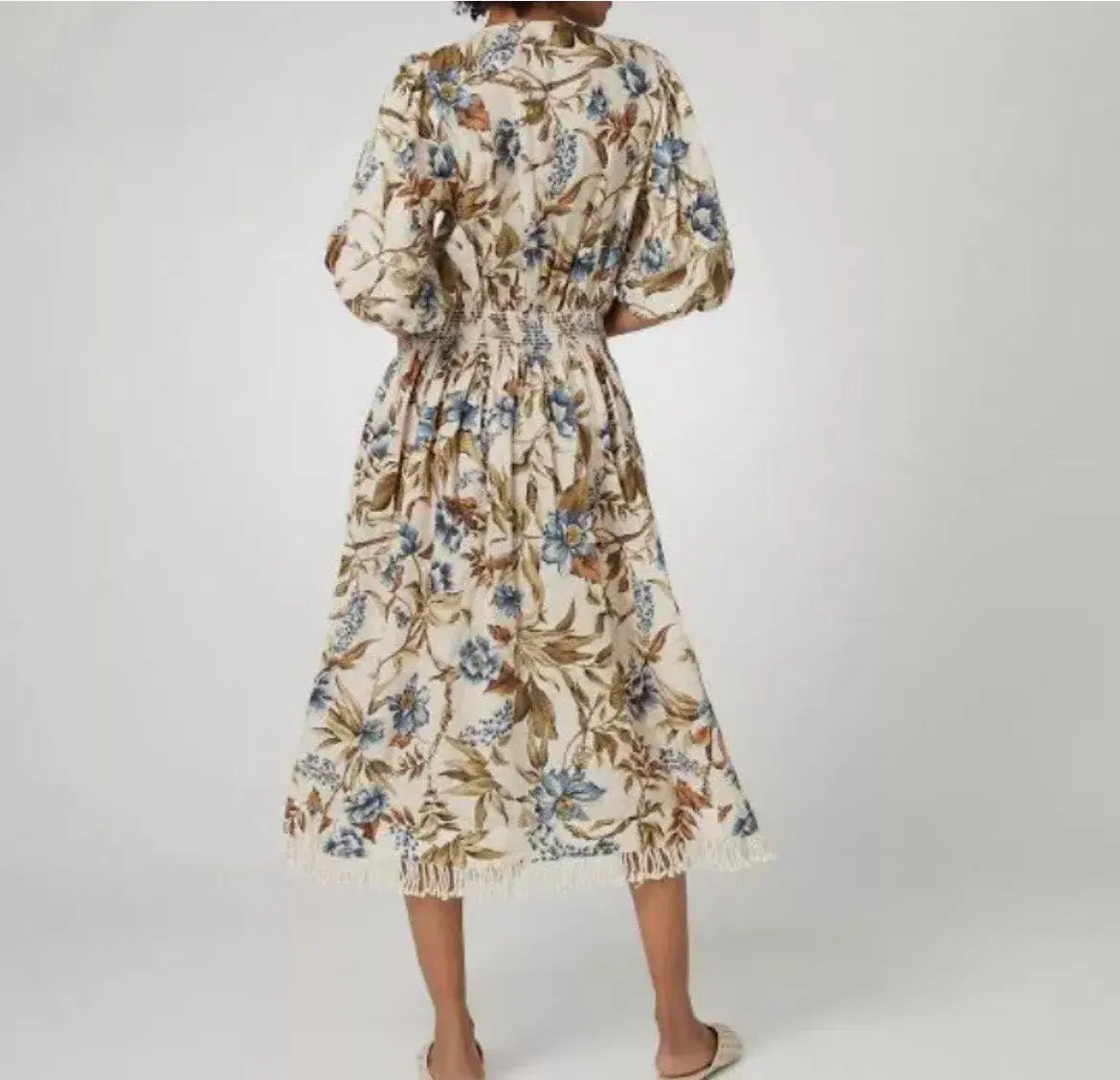 Zimmermann Aliane Shirred Waist Linen Midi Dress Blue Floral Size 2 / AU 12 photo 2