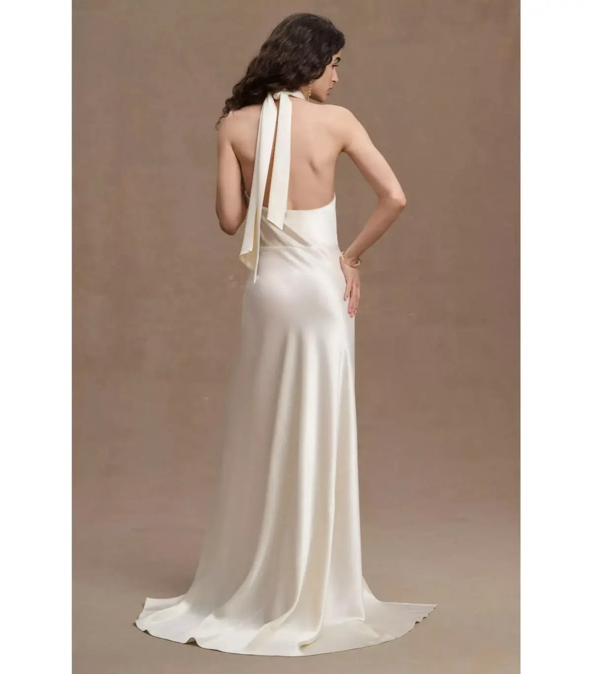 Ronny Kobo Samra Satin Twist-Halter Column Gown Cream Size AU 12 photo 3